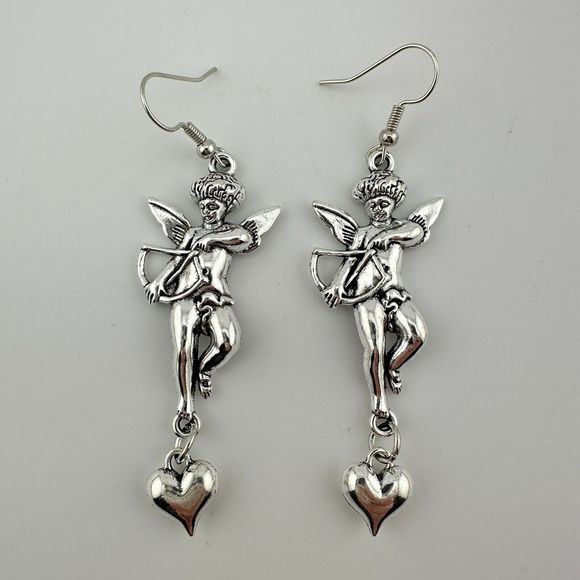 Cupid Angel Heart Dangle Charm Earrings Silver Tone 3" Long Valentine Love Shiny - Picture 2 of 6